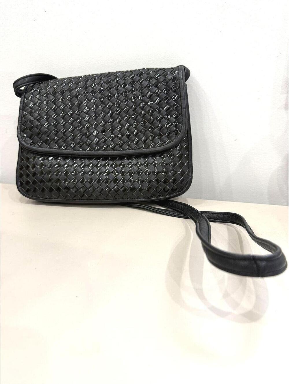 Black Woven Crossbody Bag with Adjustable Strap Leather